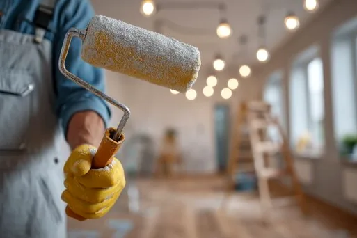 Close-up of a painter's gloved hand holding a roller indoors