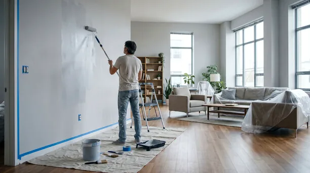 Painter rolling a tall wall in a bright, modern living room with covered furniture