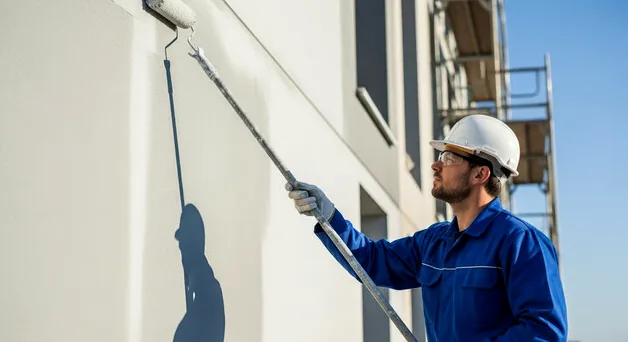 Painter rolling a tall light exterior wall